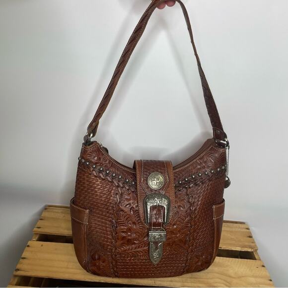 American West Genuine Leather western tooled shoulder bag